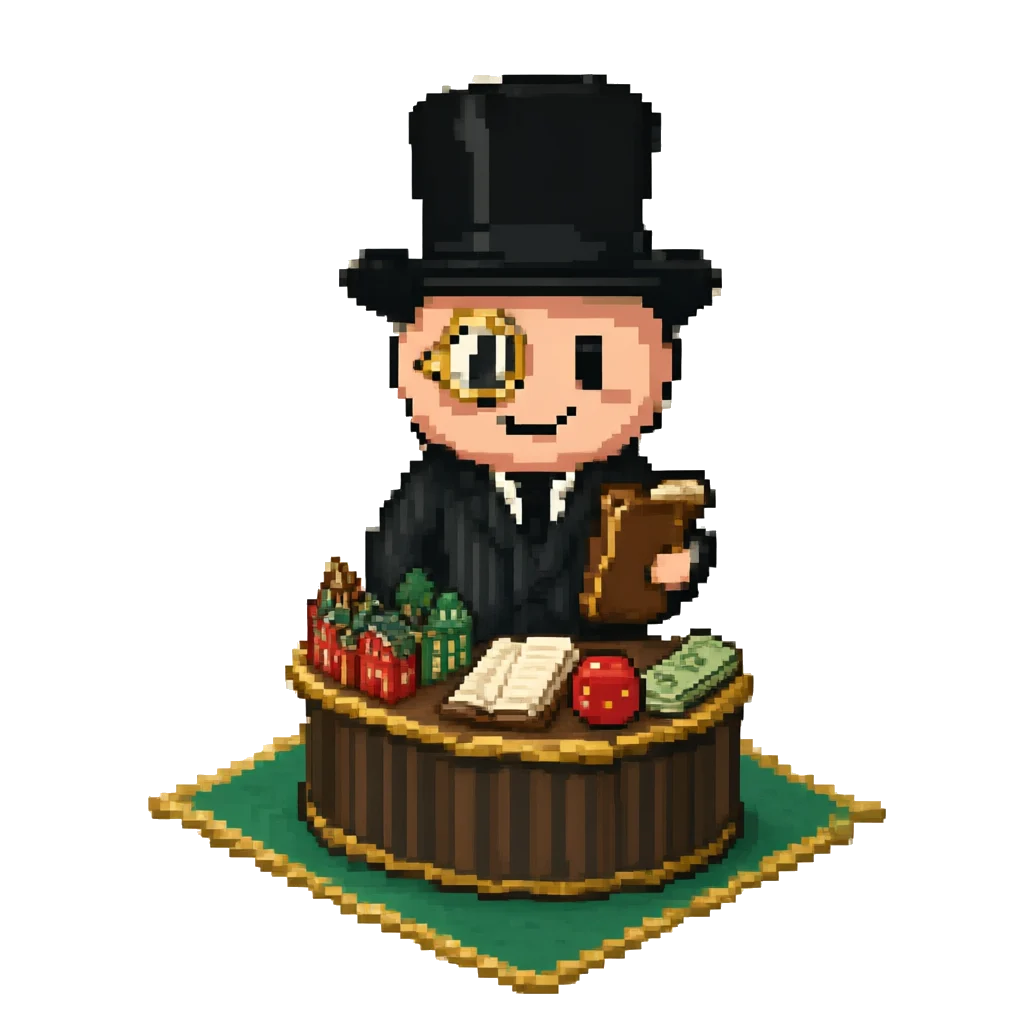 Taxman at his collection booth with an open ledger and a stack of notes