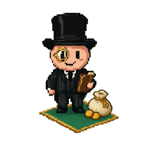 Taxman beside a money bag and coins